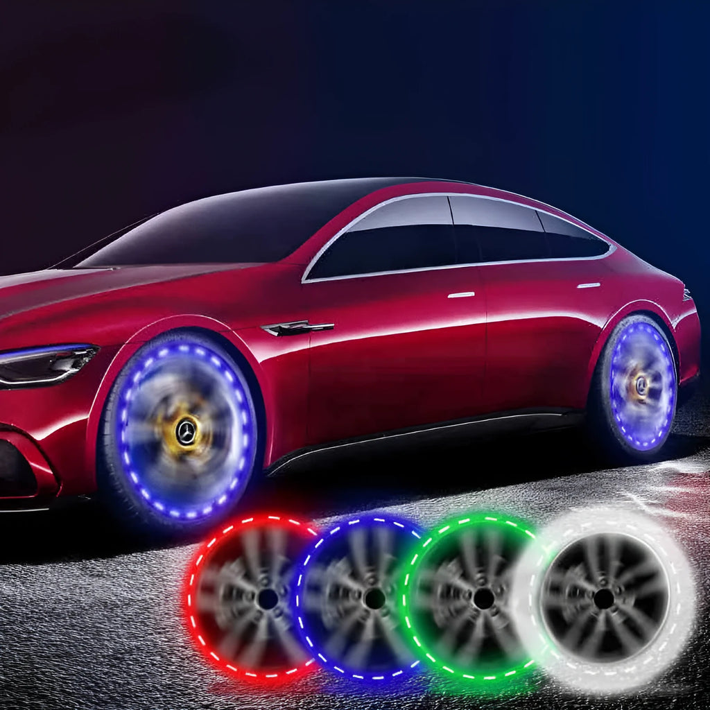 Colourful solar-powered LED hub decorative light for vehicle wheels, shown with installation screws.