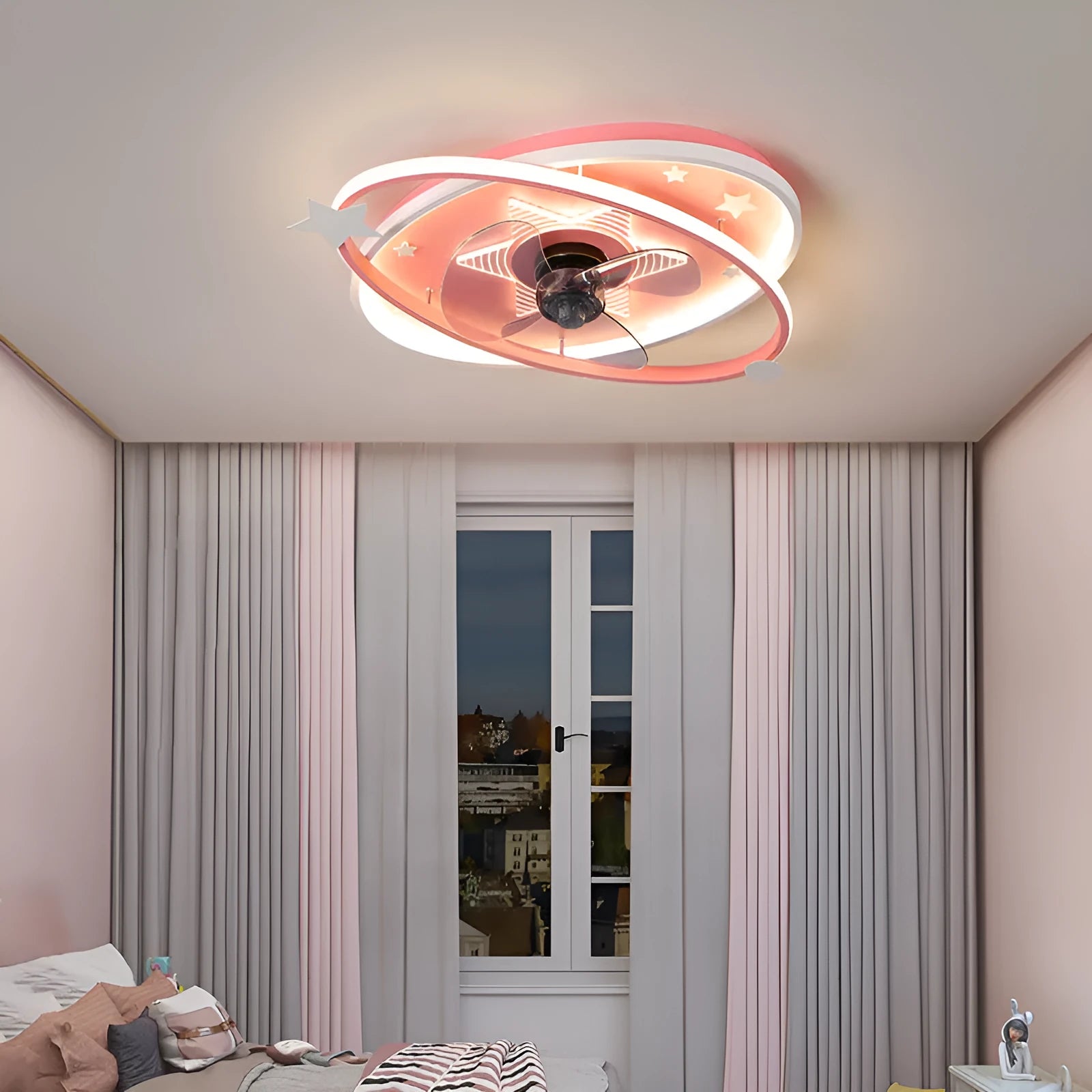 Blue children's bedroom ceiling fan with light fixture and remote control