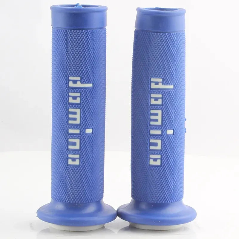 Pair of black motorcycle handle grips made of rubber gel material, showing non-slip texture.