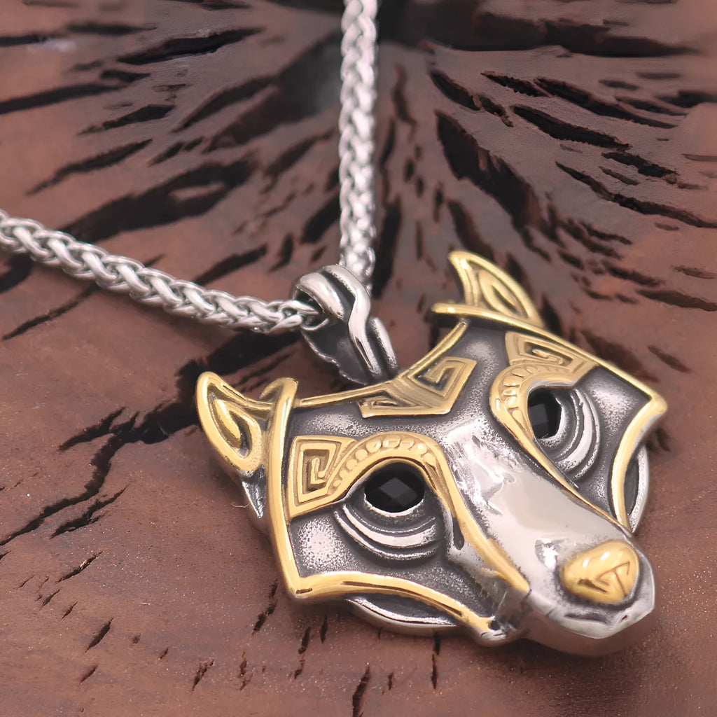 Wolf head titanium steel gold electroplated pendant with snake chain, Viking style, 3.8x4.7 cm