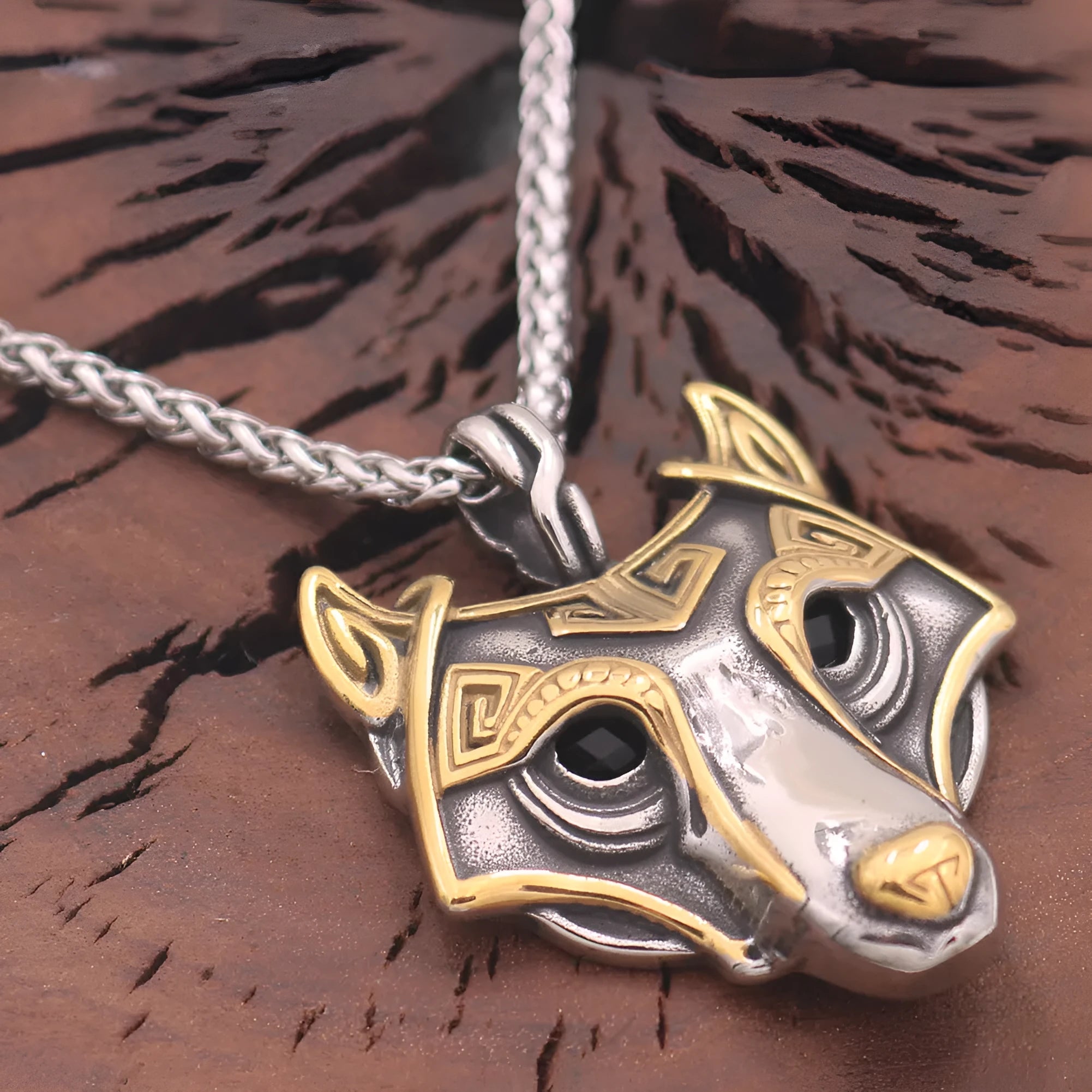 Wolf head titanium steel gold electroplated pendant with snake chain, Viking style, 3.8x4.7 cm