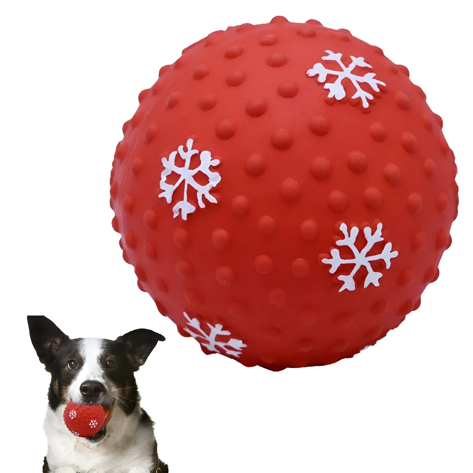 Red and green Christmas dog toy ball with snowflake pattern, approximately 7cm diameter