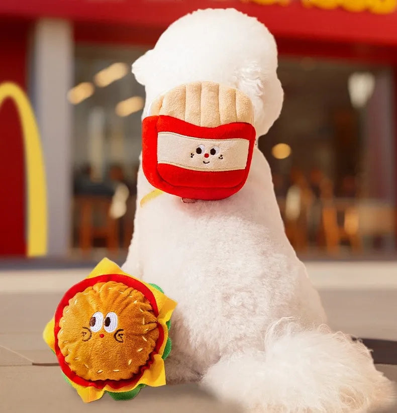Cute cartoon hamburger print on an adjustable vest-style dog leash and harness.