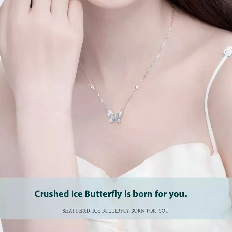Bingyu Butterfly S925 silver necklace with ice rain pendant on an O-ring chain.