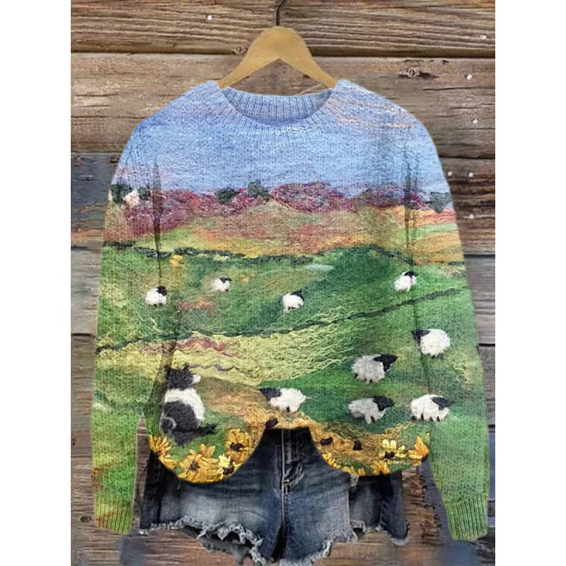 Little Flower digital printed round neck sweater in a floral pattern, made from polyester fabric.