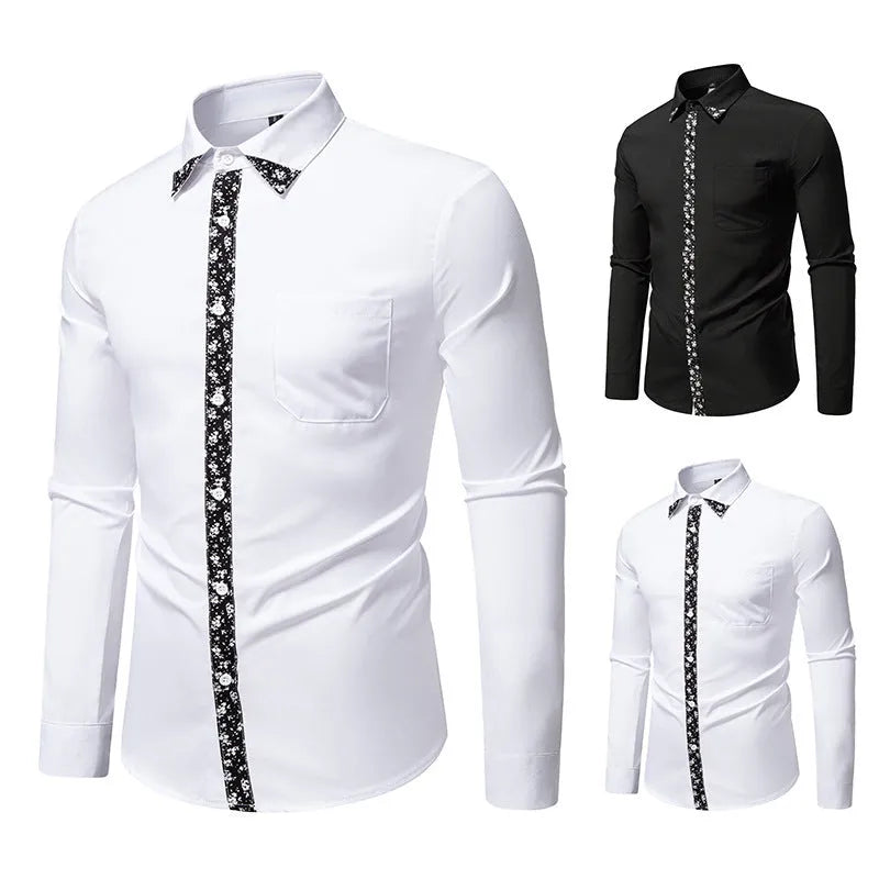 Men's white and black polyester cardigan shirt, long sleeve slim fit, sizes S to 2XL