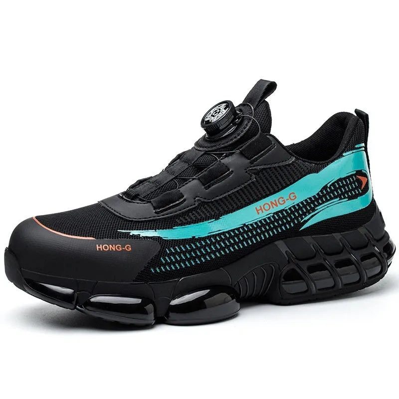 Lightweight black Flyknit safety work shoes with steel toe cap and lace-up front.
