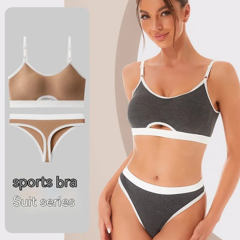 Beauty back sports bra and briefs set in contrasting colour with moulded cup and fixed shoulder straps.