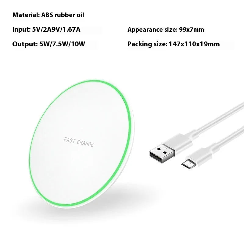 Ultra-thin round wireless charger in white with Type-C port, 15W fast charging desktop pad