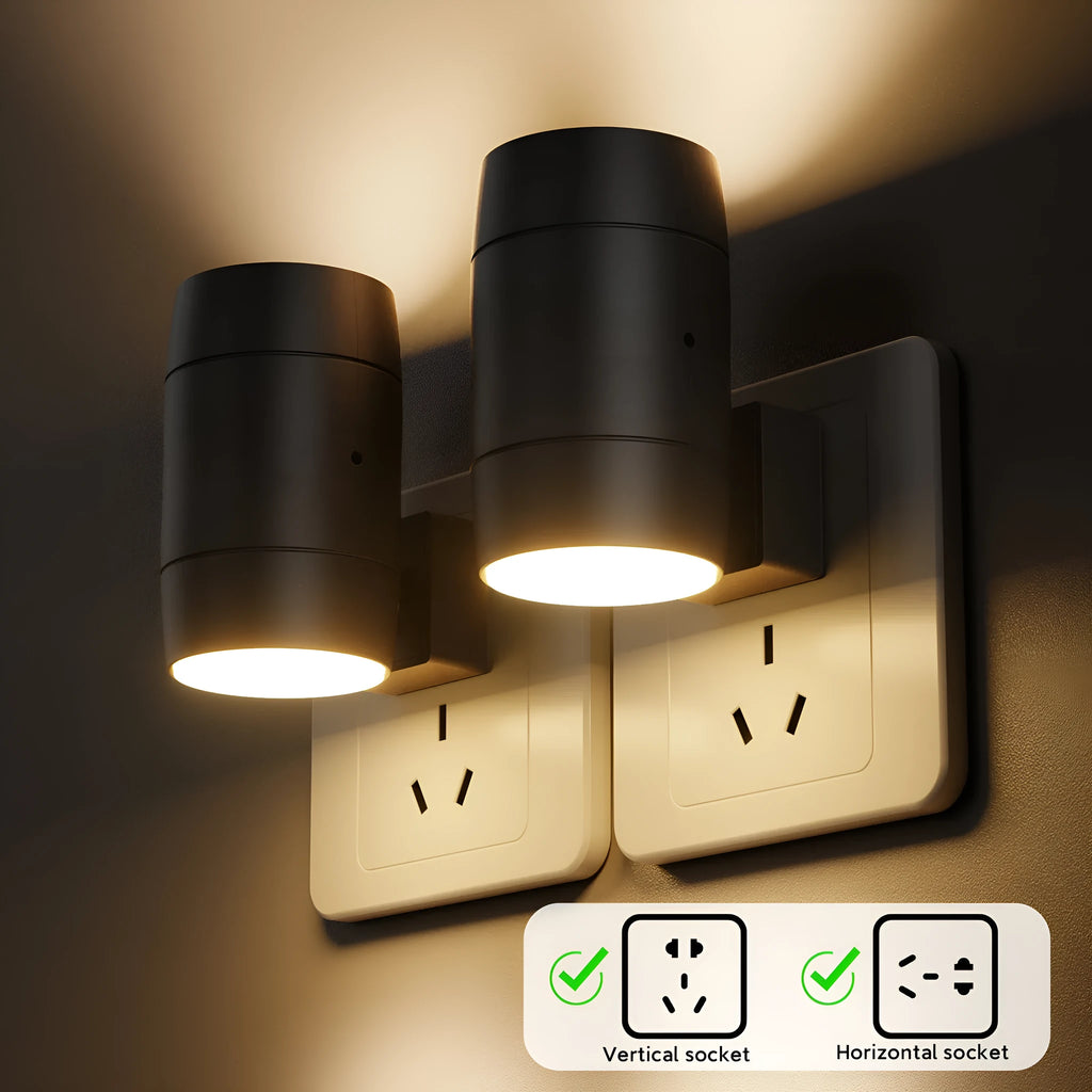 Direct plug induction night lamp with adjustable brightness control and rotatable head in warm white light