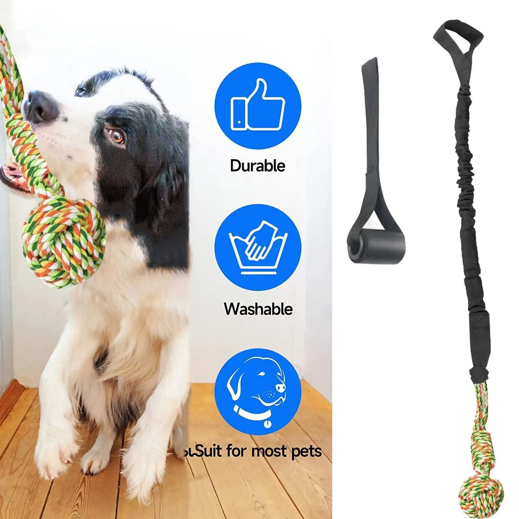 Black woven cotton dog tug rope toy for tug of war and chewing.