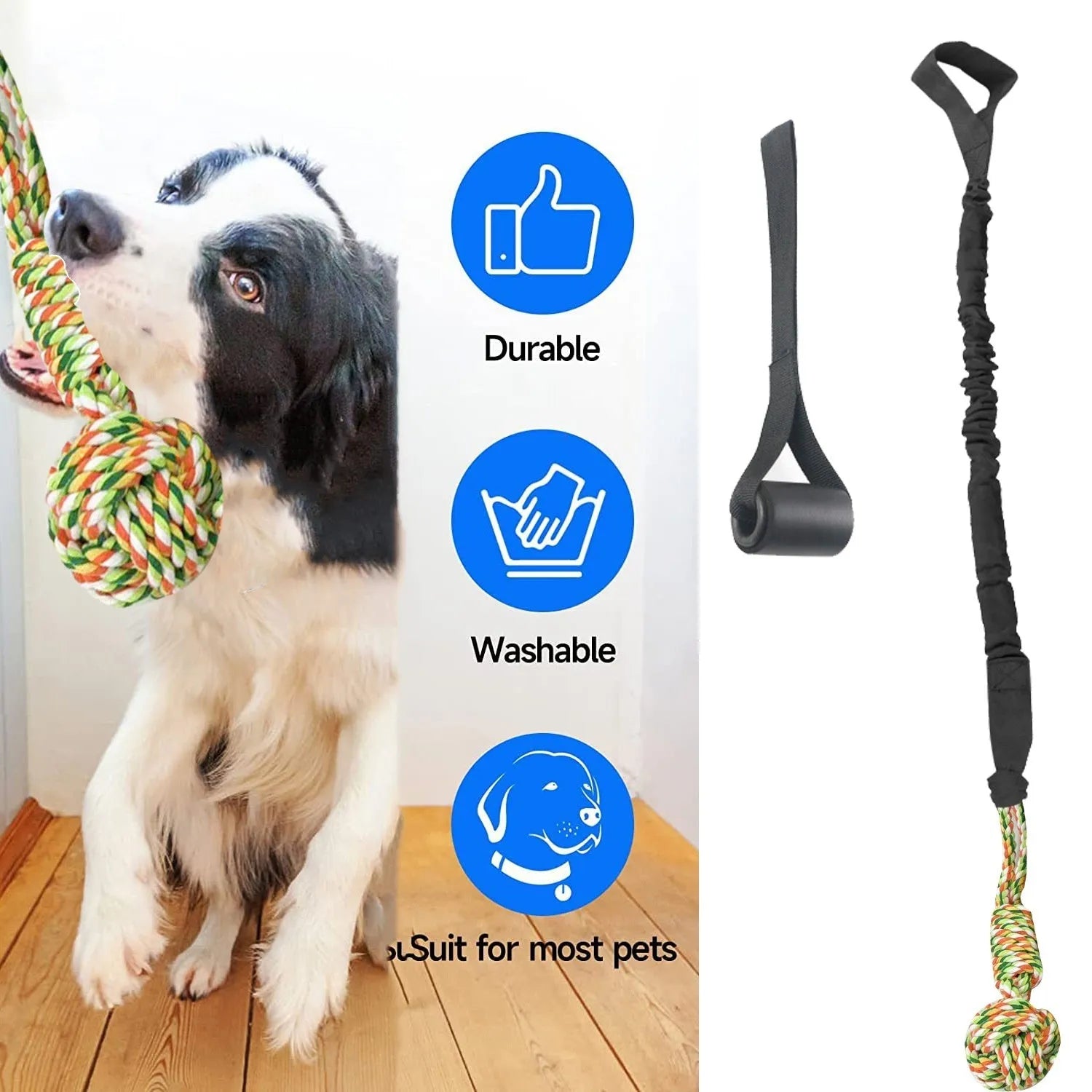 Black woven cotton dog tug rope toy for tug of war and chewing.