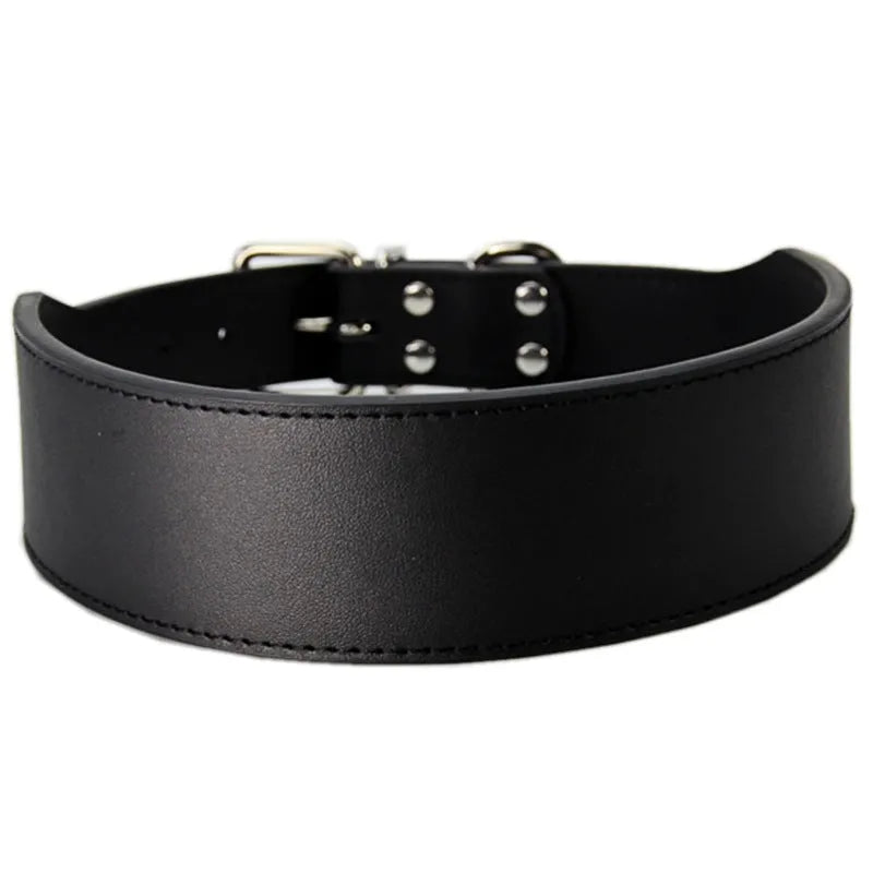 Fish-shaped red leather dog collar for large dogs on a size chart.