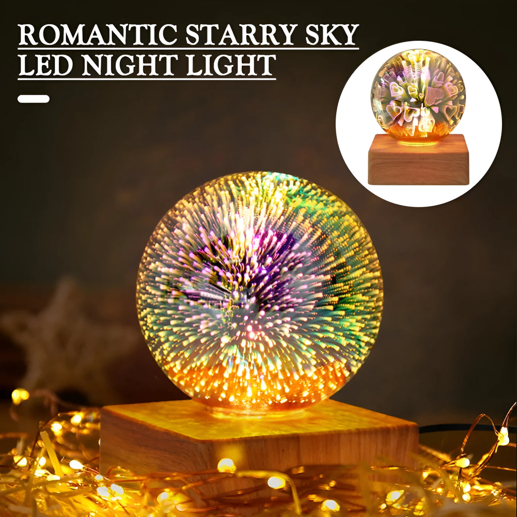 USB plug-in crystal ball night light displaying colourful firework pattern on a dark surface.