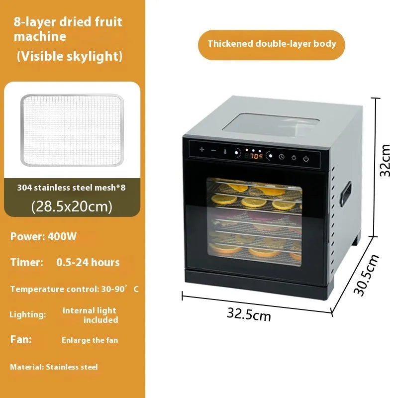 Stainless steel fruit dehydrator machine with multiple drying trays and LED control panel