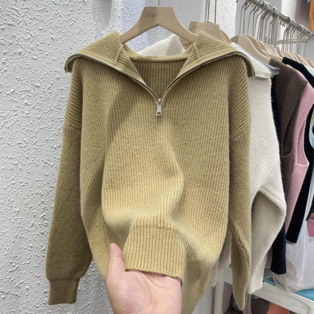 Women's loose fit pullover sweater with polo collar in soft viscose knit, solid colour, available in seven shades