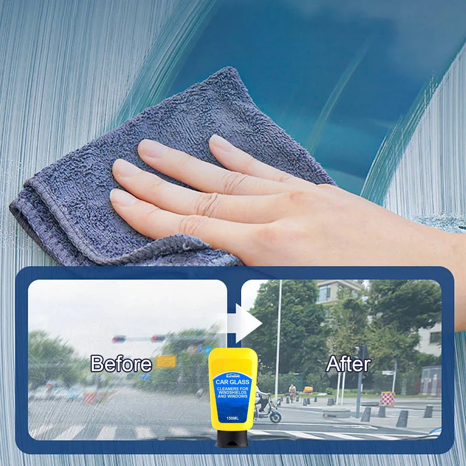 Automotive windshield detergent defogging kit with 150ml bottle, sponge, and cleaning cloth