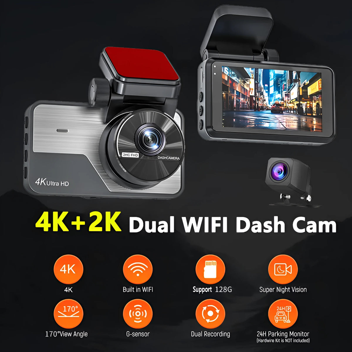 4K driving recorder with 3.0-inch screen, front and rear dual camera, night vision and GPS options