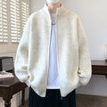 Men's casual stand collar cardigan in Vinylon fabric, beige, loose fit, side view on model