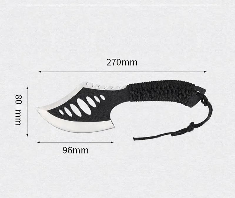 Multi purpose tactical axe with black high carbon steel blade and handle, 270mm total length, and woven umbrella rope handle guard