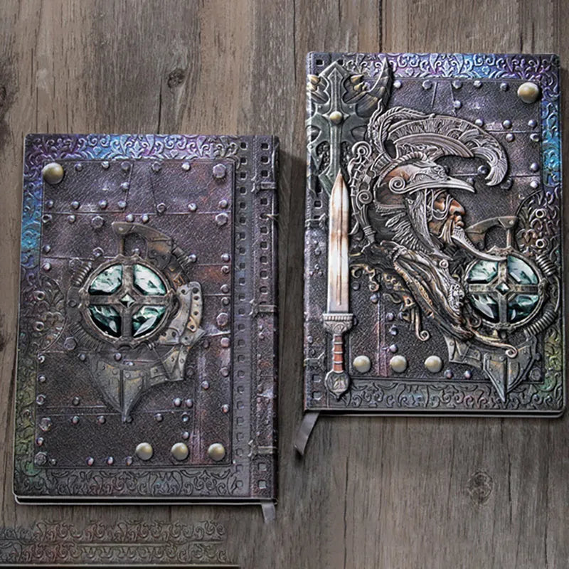 Handmade leather A5 notebook with a detailed embossed 3D warrior relief on the cover.