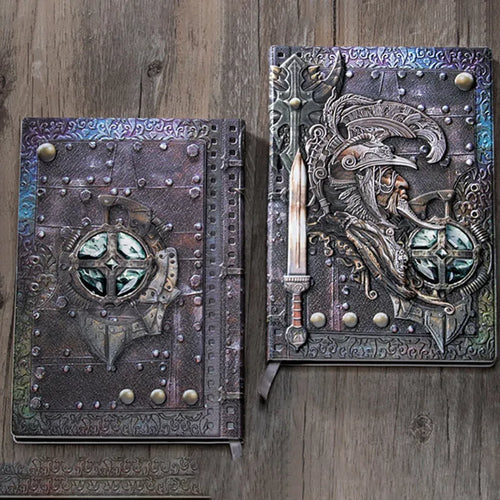 Handmade leather A5 notebook with a detailed embossed 3D warrior relief on the cover.