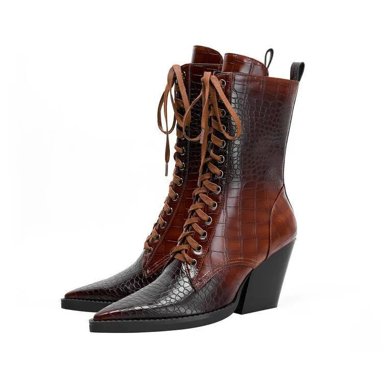 Dark brown women's lace-up ankle boots with a retro stone pattern, pointed toe, and a chunky high heel.