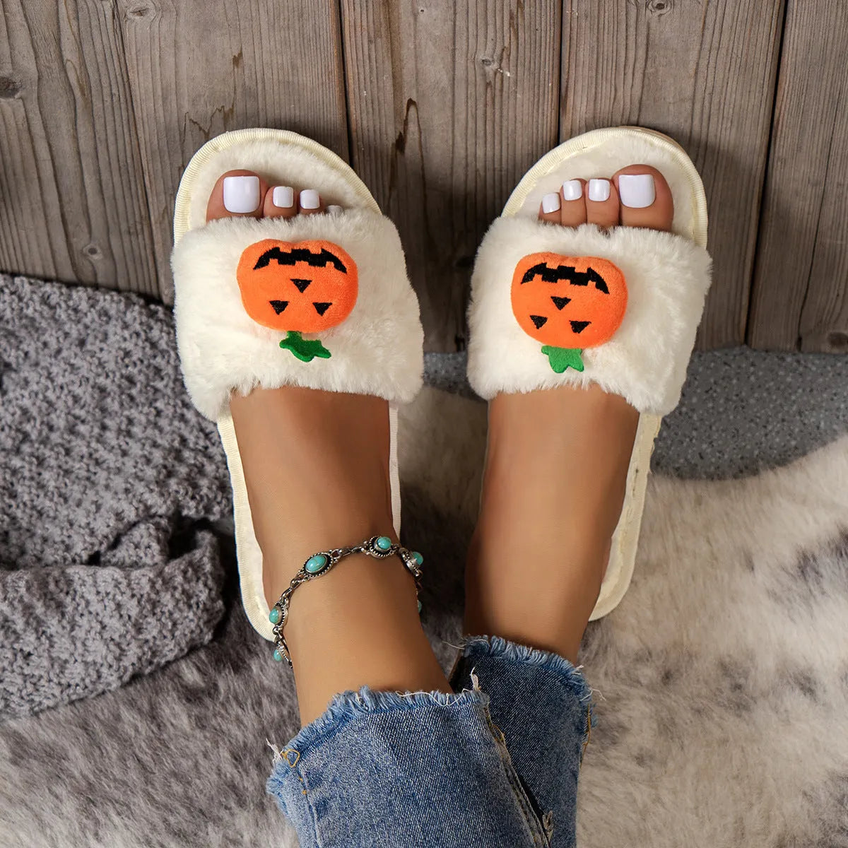 Halloween pumpkin cartoon plush slippers with synthetic fur upper and PVC soles