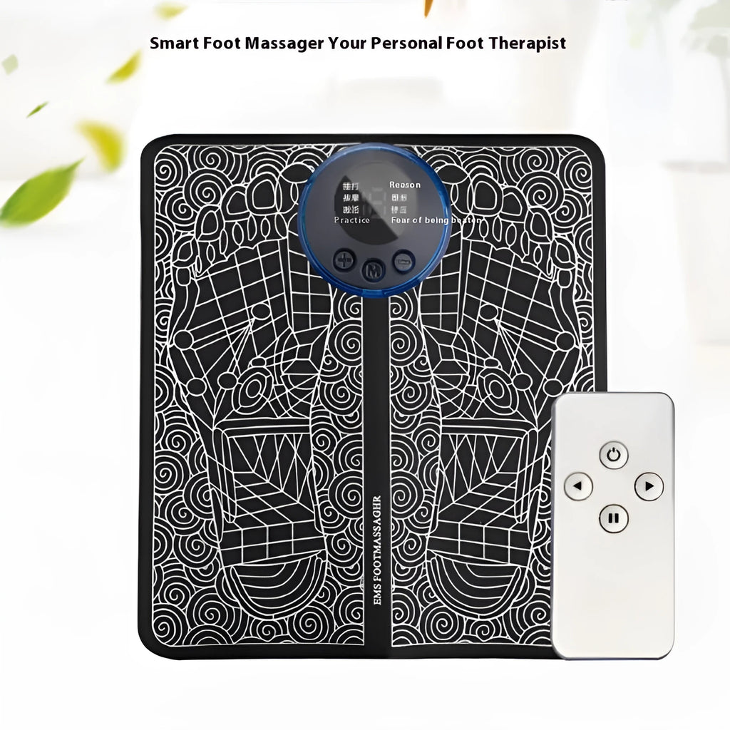 Leather foot massage cushion with LCD screen and wireless remote control on a sofa.