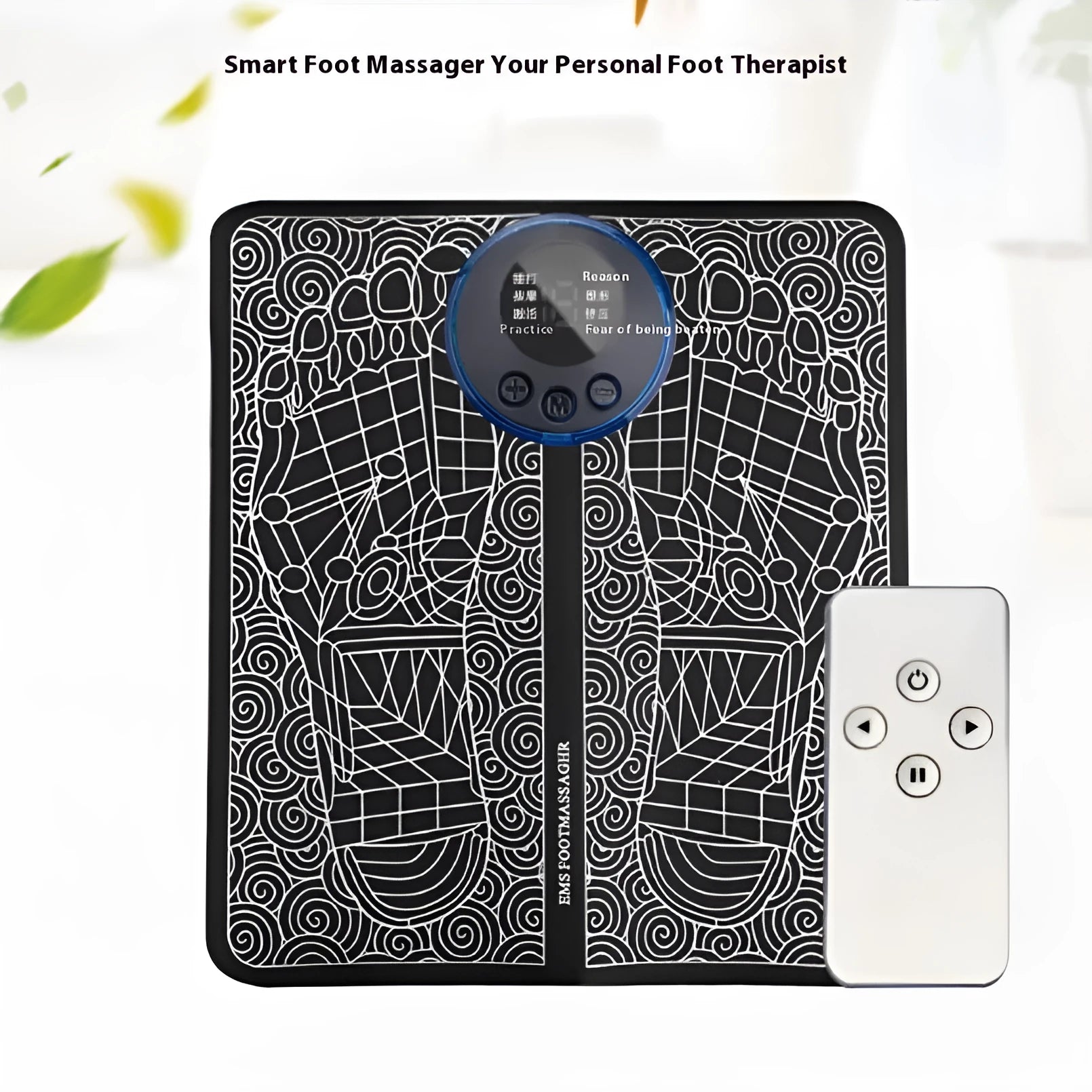 Leather foot massage cushion with LCD screen and wireless remote control on a sofa.