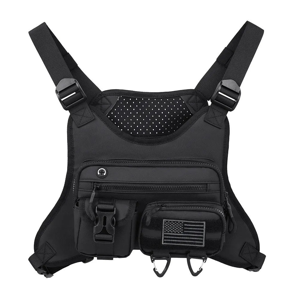 Men's outdoor chest bag in Oxford cloth with breathable vest design, available in black, blue, or grey