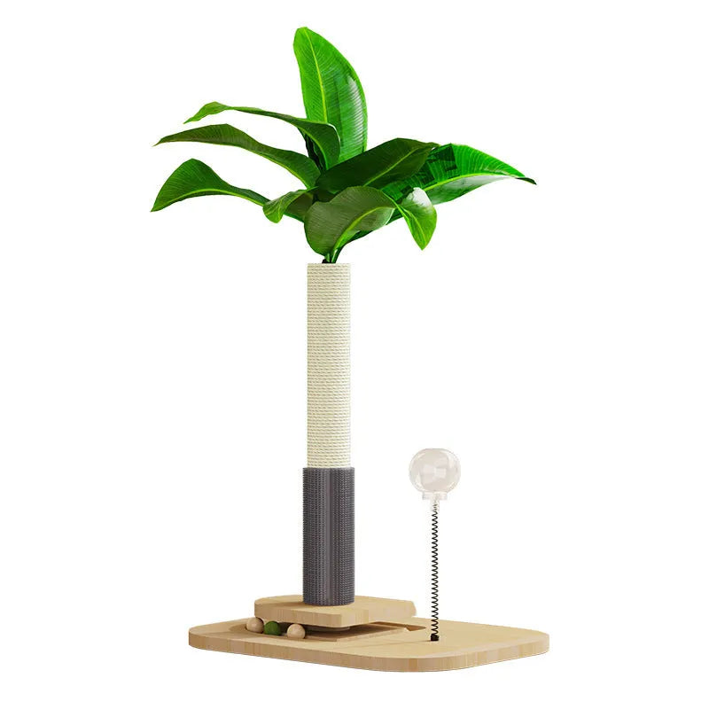 Tall, columnar cat scratching post with natural sisal rope wrapped around a wooden core, standing on a floor.