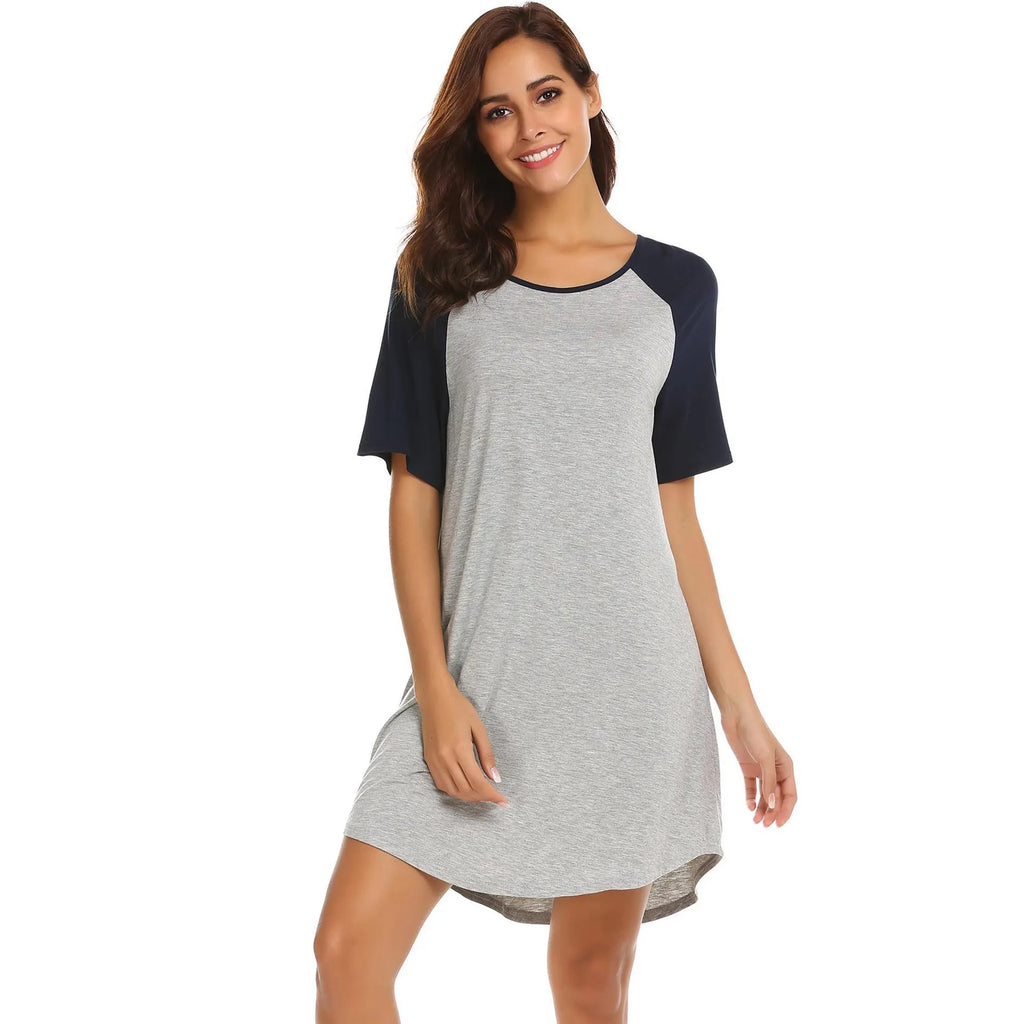 Women's navy blue and grey patchwork nightdress with contrasting sleeves