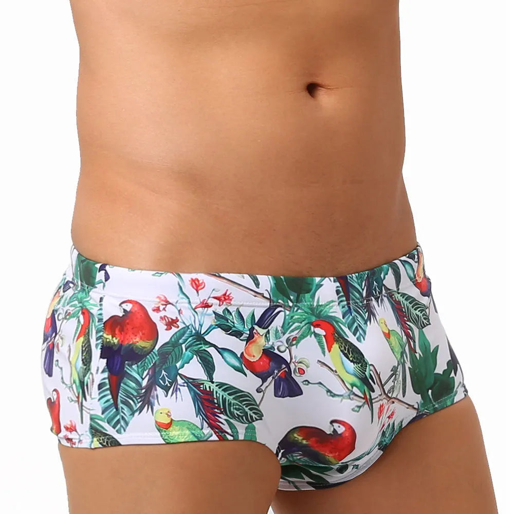 Men's flower-bird print swimming trunks with cup cover in nylon fabric