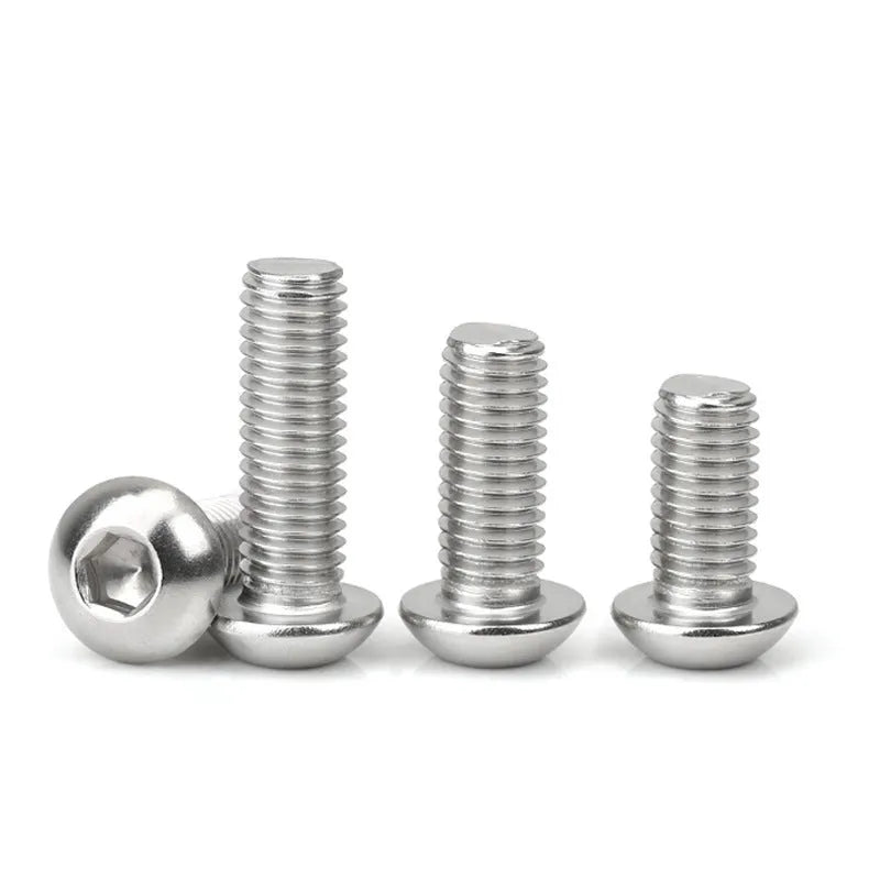 Stainless steel half round head pan head screw with hex socket drive, shown with a scale indicating 16mm head diameter.