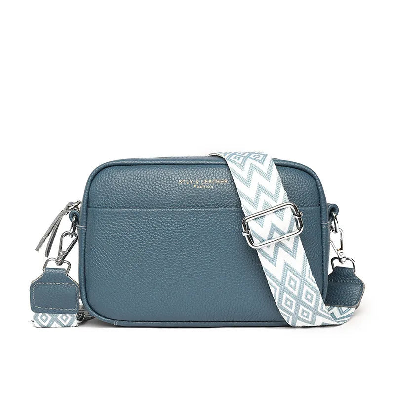 Fashion shoulder crossbody bag with rhombus embroidered wide strap in beige genuine leather for women