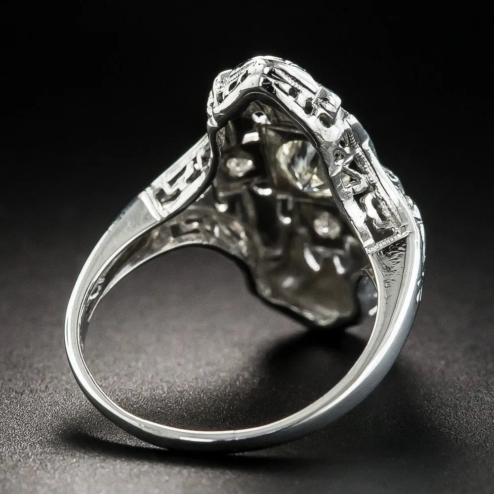 Silver geometric hollow-out ring with diamond studs on copper base