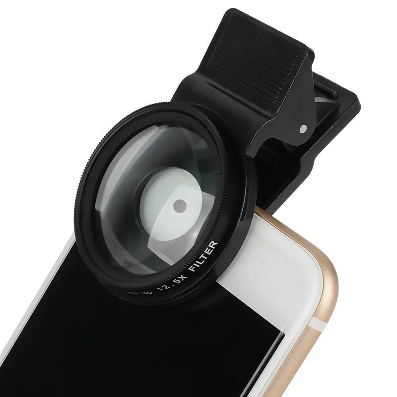12.5x magnification smartphone macro lens with 37mm aluminium frame and universal clip attachment