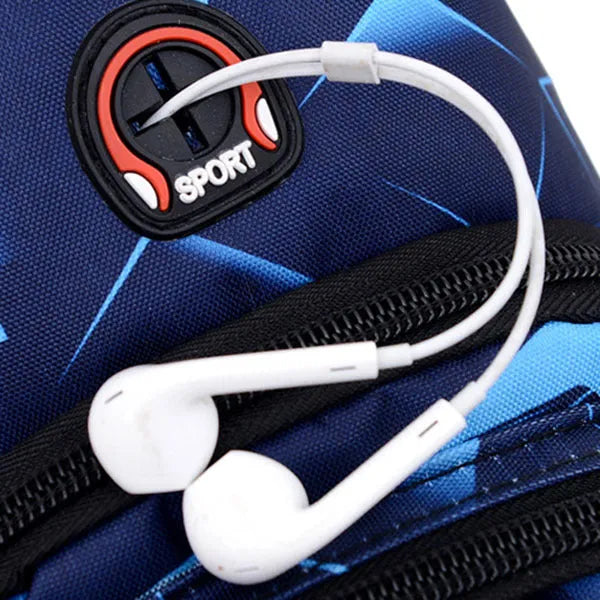 Men's blue print sling chest crossbody bag showing earphone hole and zipper pocket.