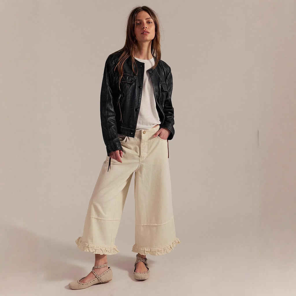Women's wide-leg cropped lace jeans, high waist, loose fit, denim, available in dark blue, light blue, beige, army green