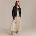 Women's wide-leg cropped lace jeans, high waist, loose fit, denim, available in dark blue, light blue, beige, army green