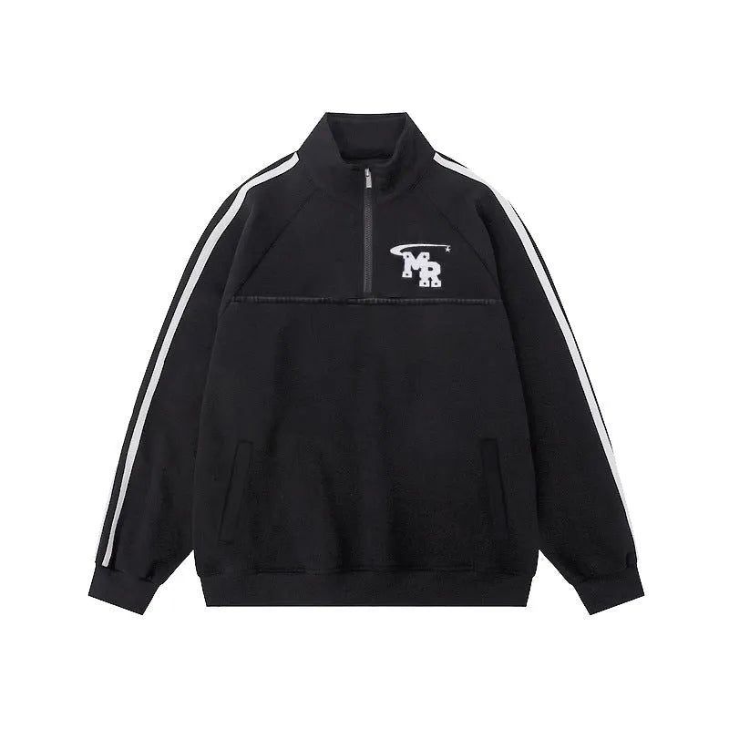Black Hong Kong style retro hoodie with a stand collar on a hanger