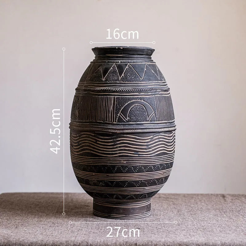 African art cement flower pot with textured finish and drainage holes for indoor outdoor plants
