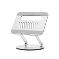 Silver aluminium laptop stand with rotatable base in folded position