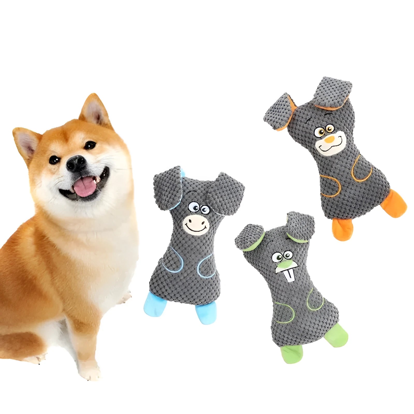 Dog plush bites toy in animal shape with squeaker for teeth cleaning, available in blue green orange