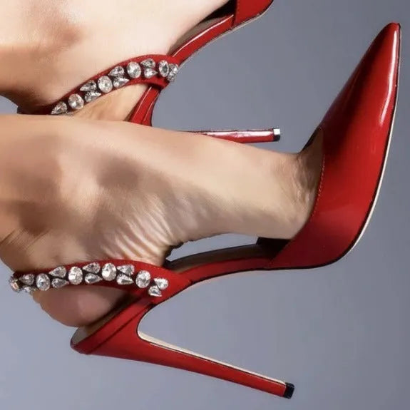 Women's pointed toe high heel sandals with rhinestone decoration on the side in patent leather