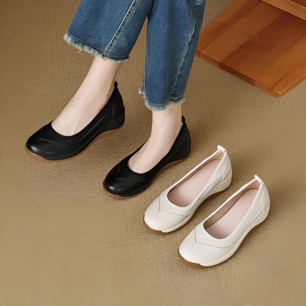 Beige cowhide leather platform slip-on pumps with round head and thick sole on white background