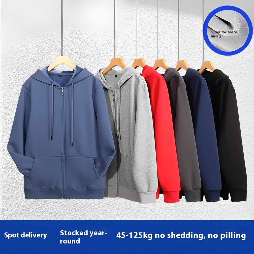 A beige men's heavyweight hooded zip-up sweater showing kangaroo pockets and a loose fit on a man.