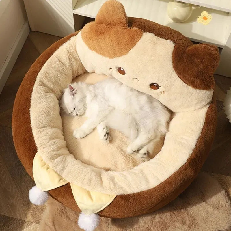 Round pet bed cushion with soft polyester cover and PP cotton filling for cats and small dogs