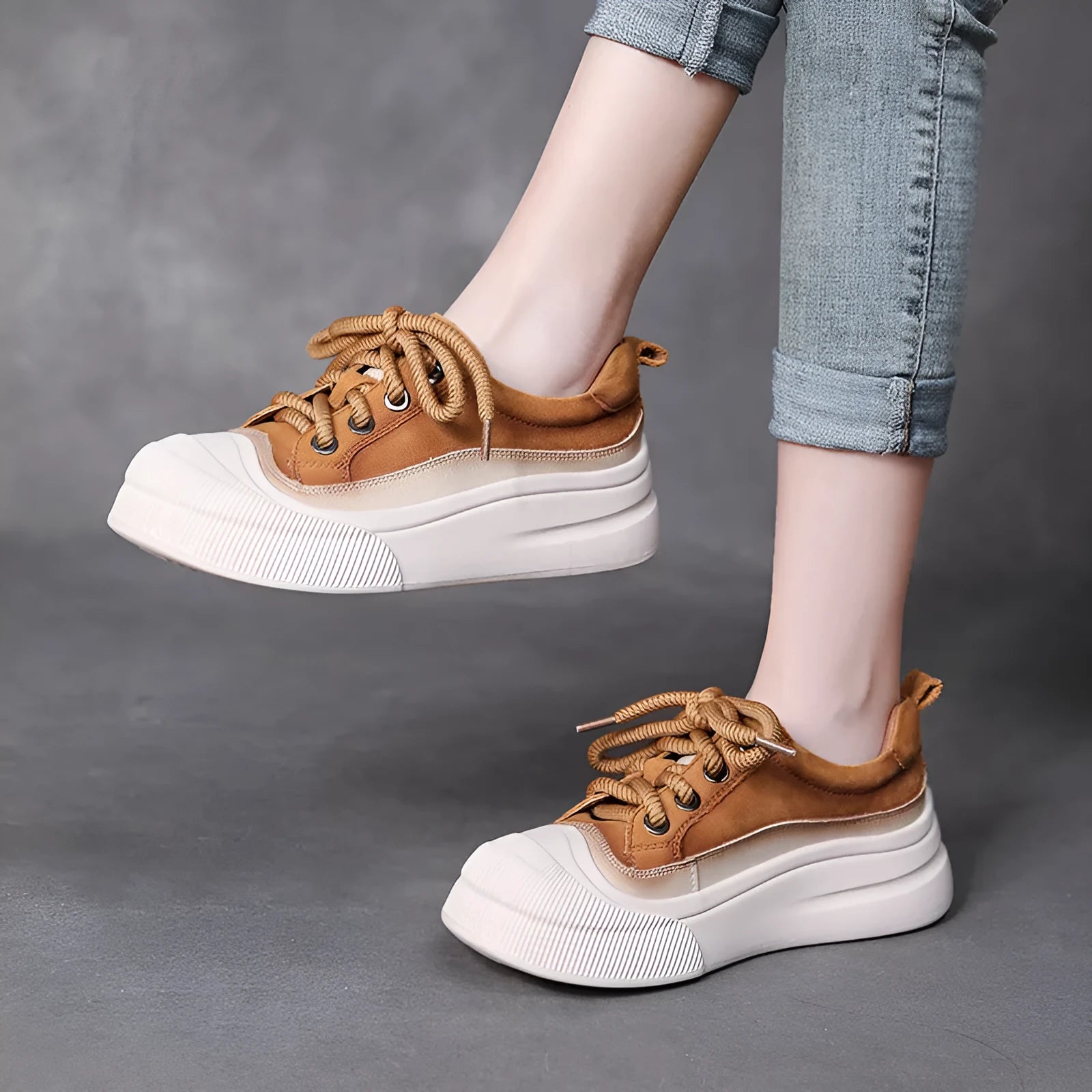 Women's yellow leather lace-up casual shoes with round toe and rubber soles